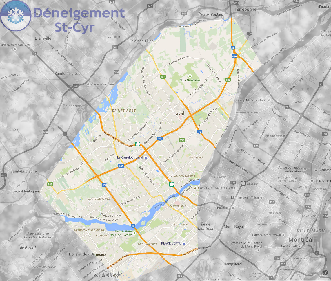 Map of territory serviced by Deneigement St-Cyr - Montreal - Laval - Commercial snow removal